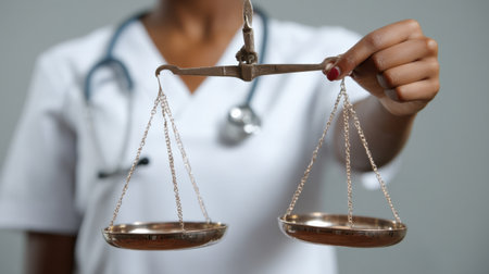 A medical professional displays scales of justice, symbolizing the balance of ethics and law in healthcare. This dynamic image emphasizes the essential relationship between medical responsibility and legal principles.の素材
