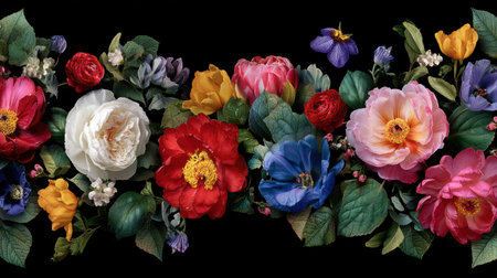 This stunning floral arrangement showcases a variety of colorful blooms surrounded by lush greenery, set against a dark background. Perfect for enhancing visual art or nature-themed projects.の素材