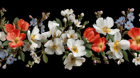 Delight in this vibrant floral arrangement featuring red, white, and blue blossoms against a dark backdrop, perfect for enhancing any design project.の素材