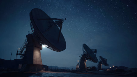 A stunning view of satellite dishes silhouetted against a starry night sky, showcasing the beauty of technology in remote landscapes.の素材