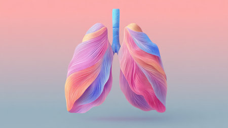This vibrant artistic representation of human lungs features soft flowing lines and a unique gradient background, emphasizing health and beauty.の素材