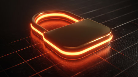 This image features a futuristic padlock with a vibrant neon glow, representing modern security concepts and technological advancement in safety.の素材