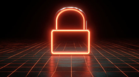 A visually striking neon lock icon set against a dark space with grid patterns, representing security and protection in the digital landscape.の素材