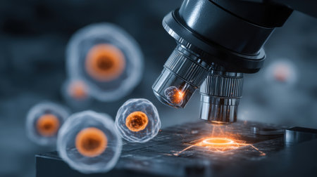 Explore the intricate details of cellular structures through advanced microscope technology, showcasing the intersection of biology and science in a high-tech laboratory setting.の素材