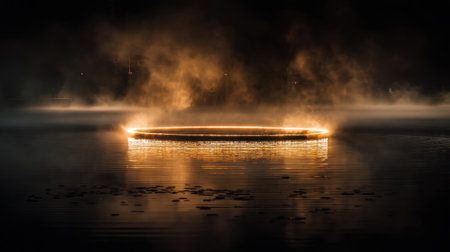 A captivating night scene featuring a glowing ring of light on a tranquil water surface, surrounded by ethereal mist and smoke, creating an enchanting atmosphere.の素材