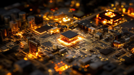 A stunning close-up view of a circuit board showcasing microchip components illuminated by a warm glow, representing advanced technology.の素材