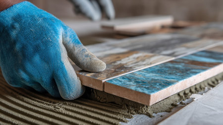 A skilled worker carefully places colorful tiles during installation on a construction site, showcasing craftsmanship and attention to detail.の素材