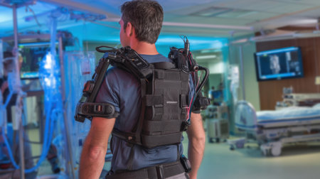 This image showcases an individual using an exoskeleton designed to enhance mobility in a surgical environment, emphasizing innovation in patient care.の素材