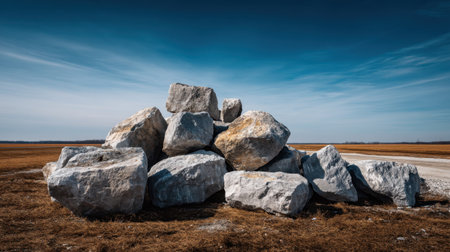 A striking composition of large rock boulders piled together against a serene blue sky. The warm brown grass enhances the natural rugged beauty of the landscape.の素材