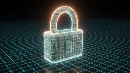 A captivating representation of a digital lock, illustrated in a neon wireframe style, set against a glowing grid background. This image embodies themes of security and technology, perfect for projects related to digital safety.の素材