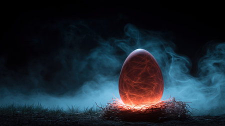 A mesmerizing glowing red egg rests serenely in its nest amidst swirling mist and soft grass. This evocative scene embodies mystery and enchantment.の素材