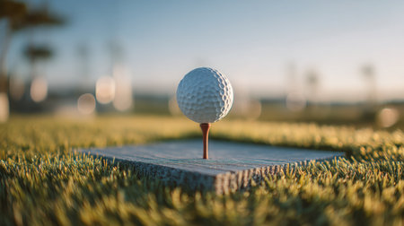 A captivating close-up image of a golf ball resting on a tee in lush green grass, illuminated by soft early morning light, creating a tranquil atmosphere perfect for capturing the essence of golf.の素材