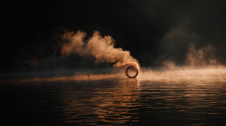 An enchanting scene featuring a solitary smoke ring gently hovering above still water at dawn. The ethereal atmosphere evokes feelings of peace and reflection.の素材