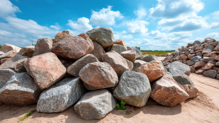 A vibrant landscape featuring a diverse pile of large rocks under a sunny blue sky, perfect for outdoor projects or nature-themed content.の素材