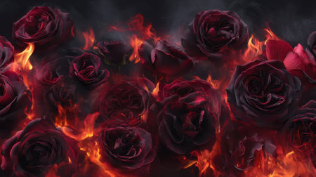 This dynamic image showcases dark red roses enveloped in vibrant flames, symbolizing beauty intertwined with danger. The striking contrast creates an intense atmosphere.の素材