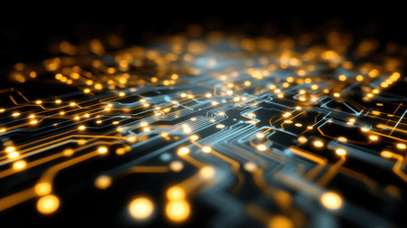 This image captures an abstract representation of a circuit board with glowing lights and electric signals in a dark environment. Perfect for technology-themed projects.の素材