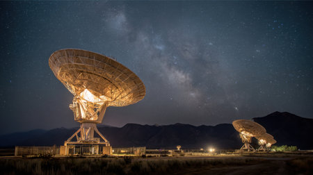 A mesmerizing view of satellite dishes illuminated against a starry night sky, showcasing the Milky Way over distant mountains in a serene landscape.の素材