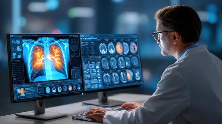 A medical professional analyzes advanced lung images on dual monitors in a modern healthcare setting, showcasing the importance of technology in diagnostics.の素材