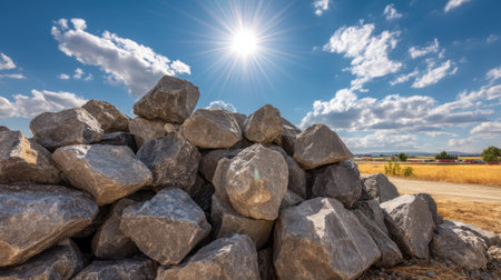 A vibrant scene featuring a pile of large rocks illuminated by bright sunlight against a stunning blue sky filled with fluffy clouds.の素材