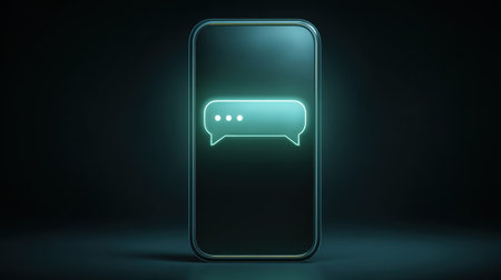 A smartphone display featuring a glowing message bubble icon, set against a dark background. Ideal for themes of communication and technology.の素材