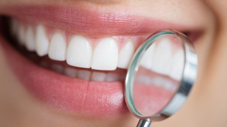 A close-up image showcasing a bright smile with pristine white teeth. A dental mirror reflects this healthy smile, emphasizing oral hygiene and beauty.の素材