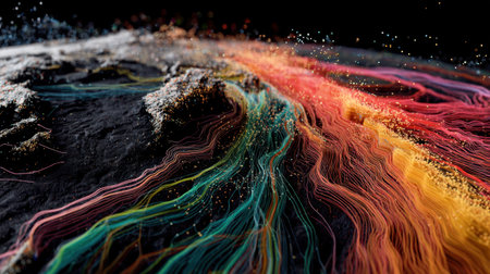 This striking abstract image features colorful lines and patterns resembling digital data flow across a dark background, highlighting movement and vibrancy.の素材