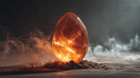 This stunning image showcases a glowing orange crystal egg emitting warm light in a dark, smoky setting, highlighting its natural beauty and elegance.の素材
