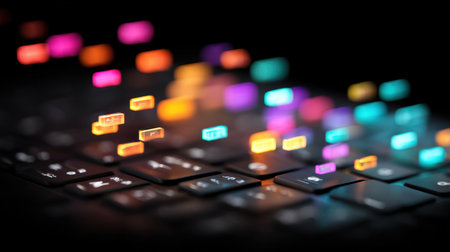Vibrant and colorful keys illuminated against a dark keyboard background, highlighting digital creativity and modern technology in an artistic way.の素材