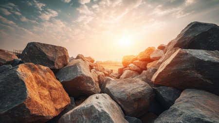 Experience the serene beauty of a rocky landscape as the sun sets, casting warm light on textured stones and creating a peaceful atmosphere.の素材