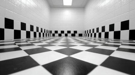 This image showcases an empty monochrome room featuring a striking black and white checkerboard floor. The minimalist design highlights contrast and symmetry, making it an ideal backdrop for creative photography or interior design projects.の素材