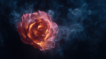 A mesmerizing rose emerges from dark surroundings, enveloped in swirling smoke and glowing embers, creating a captivating and mystical atmosphere.の素材