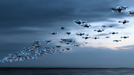 A stunning display of drones flying in formation over a tranquil ocean at twilight, creating a mesmerizing visual effect against a dramatic sky.の素材