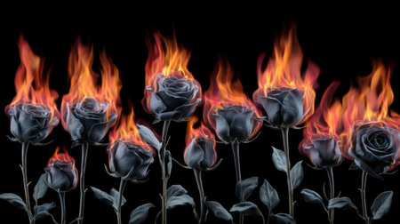 This striking image features black roses engulfed in vibrant flames against a dark background, creating a powerful visual impact.の素材