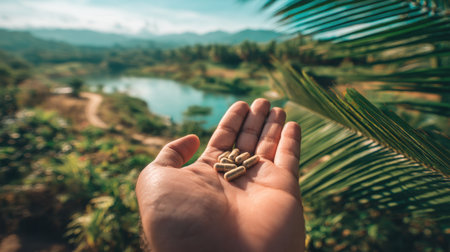 A hand gently holds natural supplements while showcasing a beautiful outdoor scene. Lush greenery and tranquil water create a serene atmosphere.の素材