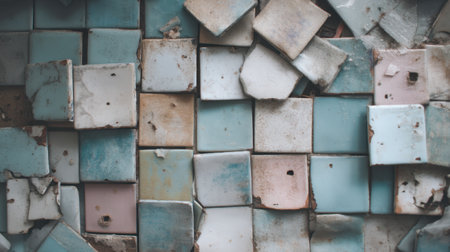 Close detail of vintage ceramic tiles in pastel shades shows the wear and tear of time, presenting a beautiful yet rustic surface ideal for design inspiration.の素材