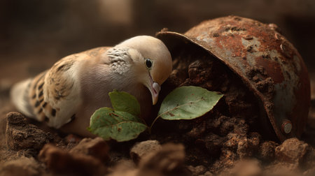 Captured in a serene moment, this image depicts a dove nestled near soft green leaves and an old helmet, symbolizing nature reclaiming space.の素材