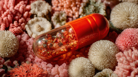 A striking orange capsule rests amidst a bed of soft coral textures, creating a captivating underwater scene filled with vibrant colors and organic forms.の素材