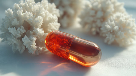 A striking orange capsule rests on a soft surface, complemented by intricate coral structures, creating a vibrant scene ideal for health and wellness projects.の素材