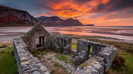 Experience a breathtaking sunset over ancient ruins, with majestic mountains and a serene beach in the background, showcasing nature's beauty.の素材