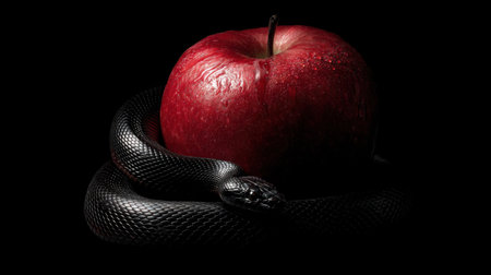 A black snake elegantly coils around a vibrant red apple, showcasing striking contrast. This composition symbolizes temptation and nature's allure, perfect for artistic themes.の素材