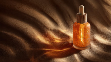 A captivating oil dropper bottle filled with shimmering golden liquid sits elegantly on a smooth sandy backdrop, reflecting soft light.の素材