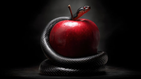 A captivating image of a black serpent coiling elegantly around a vibrant red apple. The dark background enhances the allure and symbolism of temptation and knowledge.の素材