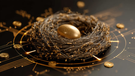 A stunning image of a golden egg nestled in a natural nest, set against a dark textured background embellished with digital patterns, symbolizing wealth and innovative investment opportunities.の素材