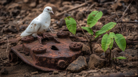 A serene white dove rests on a rusty metal piece, with a green plant sprouting nearby, capturing the essence of resilience and hope amid decay.の素材