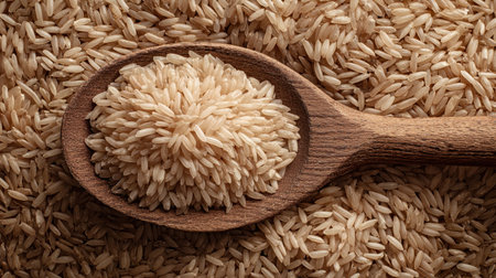 This image showcases a wooden spoon overflowing with uncooked brown rice, surrounded by a backdrop of dried rice grains, emphasizing its natural texture and earthy quality ideal for culinary projects.の素材