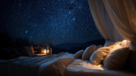 A serene bedroom scene featuring soft pillows and cozy blankets, illuminated by lantern light under a breathtaking stary sky. Perfect for tranquility.の素材