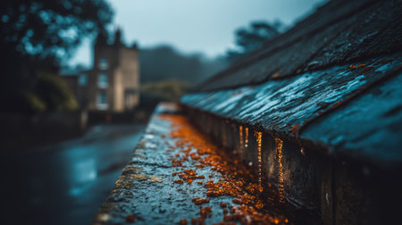 A serene scene capturing raindrops cascading from a slate roof gutter, set against a foggy backdrop featuring a historic building. The atmospheric setting evokes a sense of calm and nostalgia.の素材