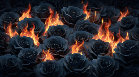 A mesmerizing composition of dark roses engulfed in flames, showcasing a striking contrast between beauty and destruction. The vivid colors evoke emotion.の素材