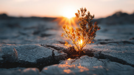 A solitary plant emerges from cracked earth as sunlight filters through, capturing a moment of resilience and hope against adversity in nature.の素材