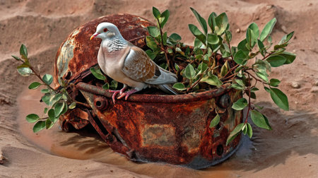 A striking image of a pigeon resting on a rusted helmet adorned with green leaves, showcasing the beauty of nature's resilience in a desert setting.の素材
